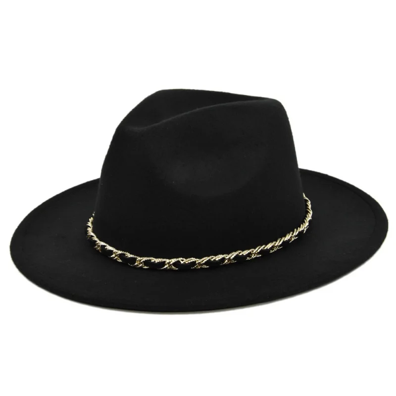 

European And American Chain Woolen British Retro Fedora Hat Big Brim Top Hat Woolen Hat Retro Broad-Brimmed Hat Black Top Hat