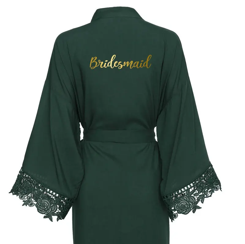 YUXINBRIDAL 2019 New Green Solid Cotton Kimono Robes with Lace  Women Wedding Bridal Robe Bathrobe Sleepwear White Gold Print
