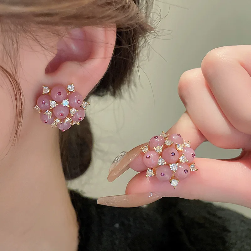 

Minar Sweet Shinning CZ Cubic Zircon Rhinestones Pink Color Flower Drop Earrings for Women 14K Real Gold Plated Copper Earring