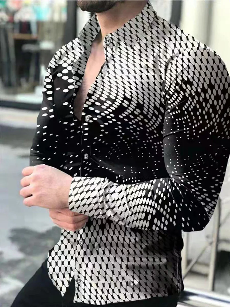 

Men Autumn Polyester Long Sleeve Shirt Print Casual Male Top Turn-down Collar Buttoned Cardigan T-shirts Men's Clothes Blouse