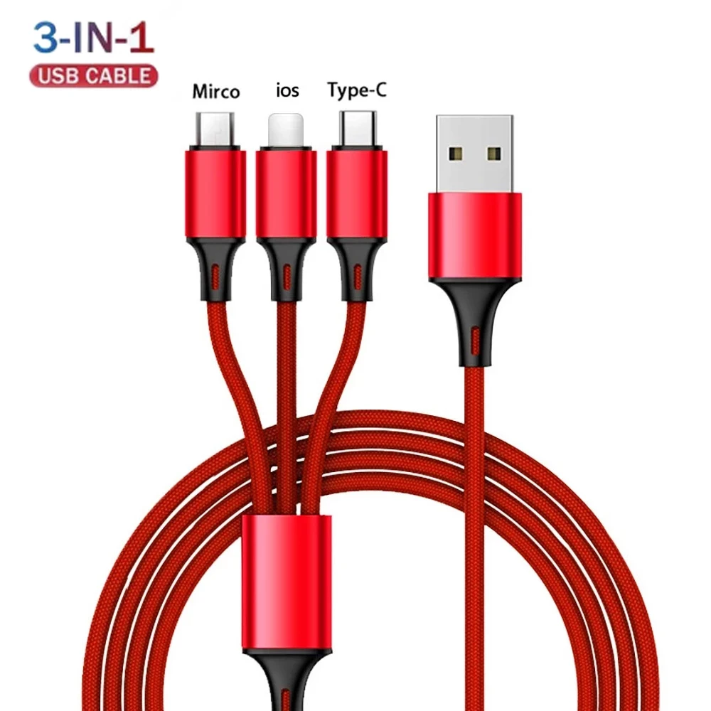 

3A/5V 3 In 1 USB Cable Fast Charging Lightning Cable For IPhone 13 12 11 Huawei Xiaomi Samsung Type C Mobile Phone Charge Cord