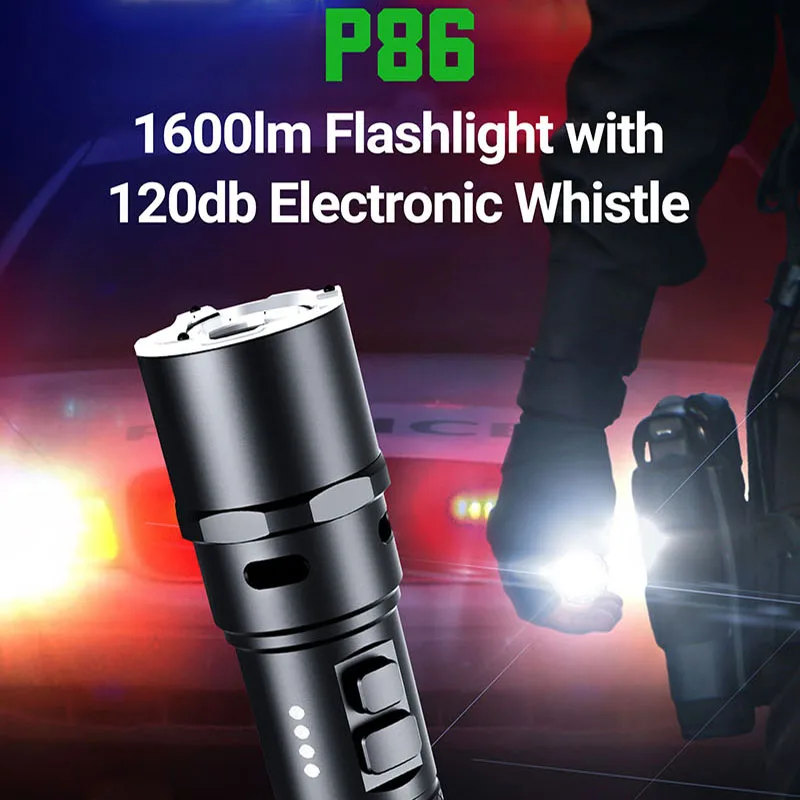 Фото Тактический фонарь Nextorch P86 с электронным свистком 120 дБ, 1600 люмен, дальность луча 305 м, аккумулятор 18650, прямая зарядка №1