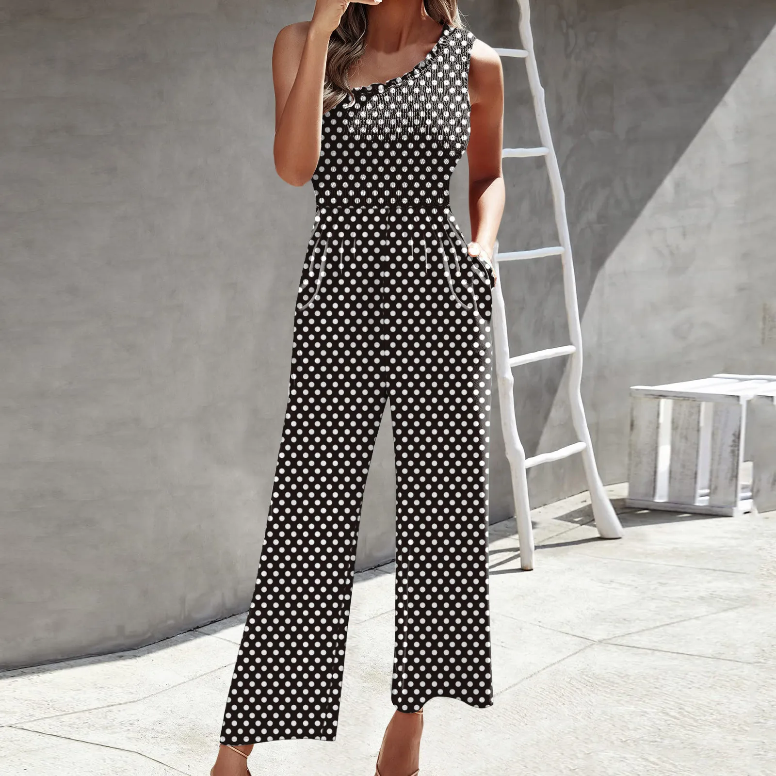 

Women Summer One Shoulder Jumpsuit With Pockets Smocked High 1 Piece Jumpsuit Outfits for Women Red Body Suits Women Clothing