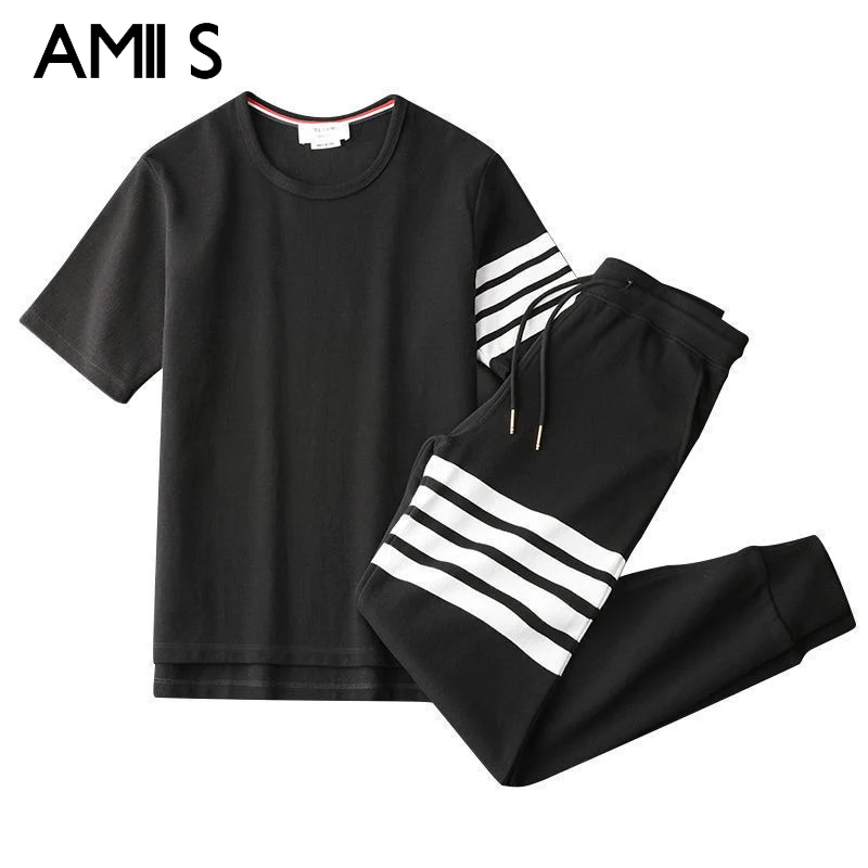 

High-quality summer new Thom style short-sleeved t-shirt casual Tracksuit men's and women's fashion sweatshirts sportpants suit