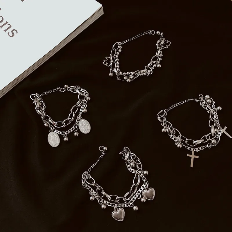 

New Fashion Trend Hip Hop Retro Double Layer Jesus Love Cross Bracelet Men and Women Couple Jewelry Party Gift Wholesale