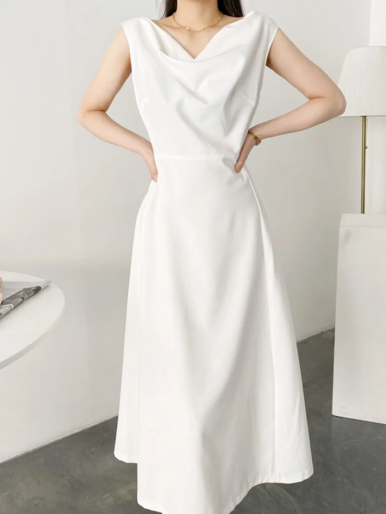 

Midi Elegant Casual Spring Summer Women's White Dress Sleeveless Sexy A-Line Party Sundress Fashion Vintage Female Clothings2023