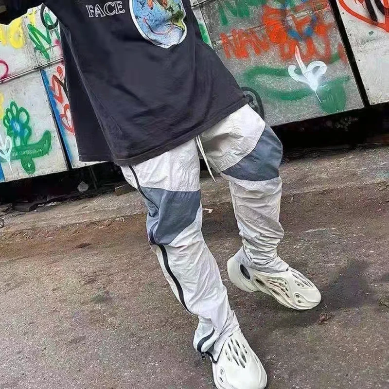 

Harajuku Vibe Style Patchwork Waterproof Zipper Casual Trousers Mens Streetwear Drawstring Color Block Oversized Loose Pants