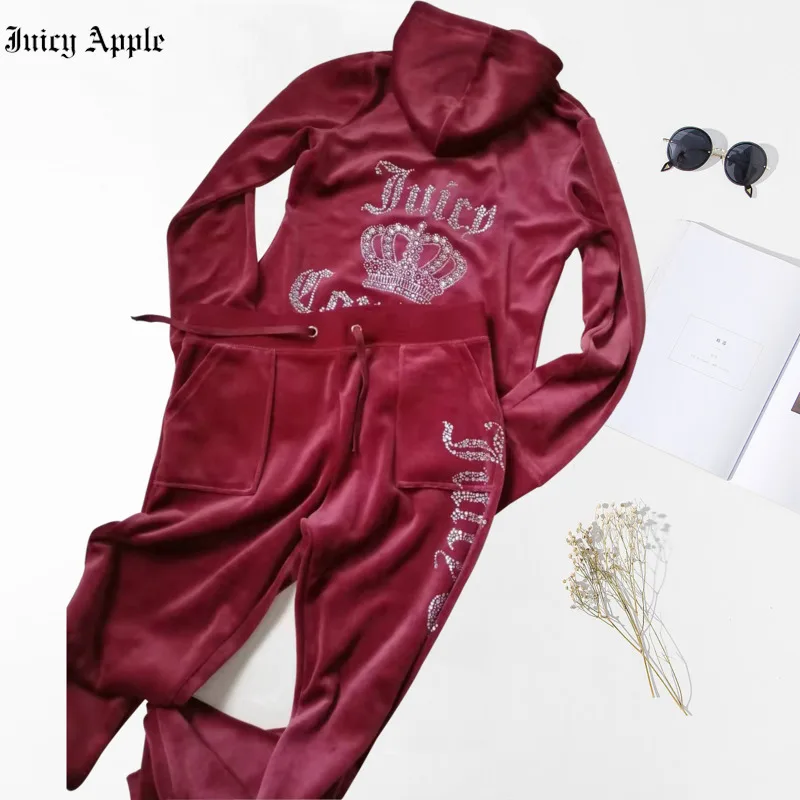 Juicy Apple Women Tracksuit Velvet Hoodie Sweatshirts Top and Sweatpants Matching Set Streetwear Casual Sport Suit Sportswear