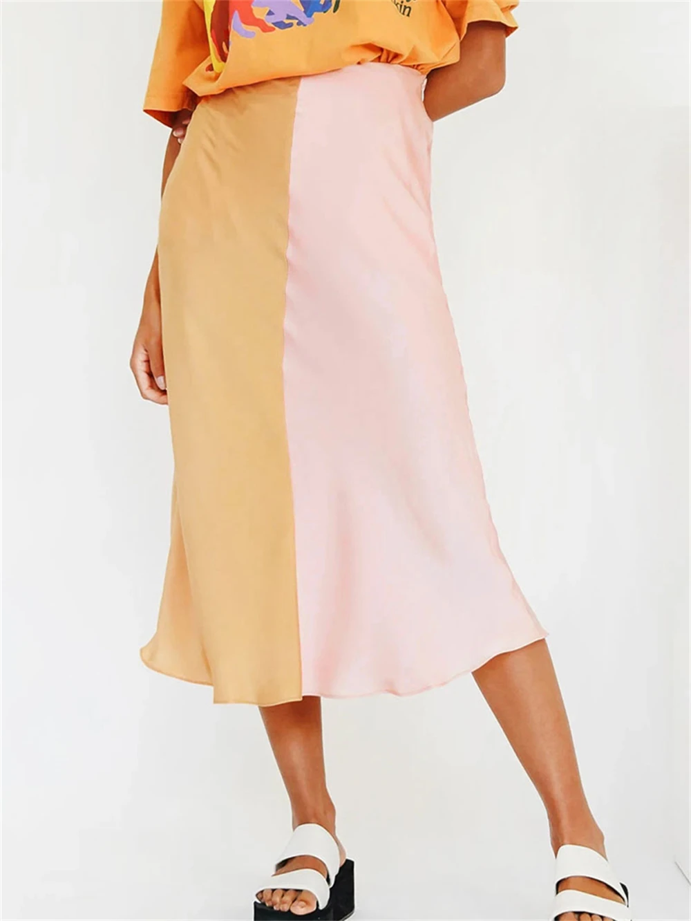

Patchwork Print Elegant Chic Long Skirt Women's Vintage Fashion Satin Skirts Female High Waist Zipper Office Casual Midi Falds