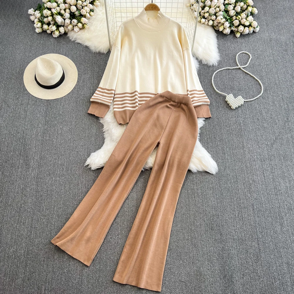

New Autumn Winter Knitted Two Piece Set Women Loose Sweater pullover + Wide Leg Pant Suits Casual Tracksuit Women 2 Piece Sets