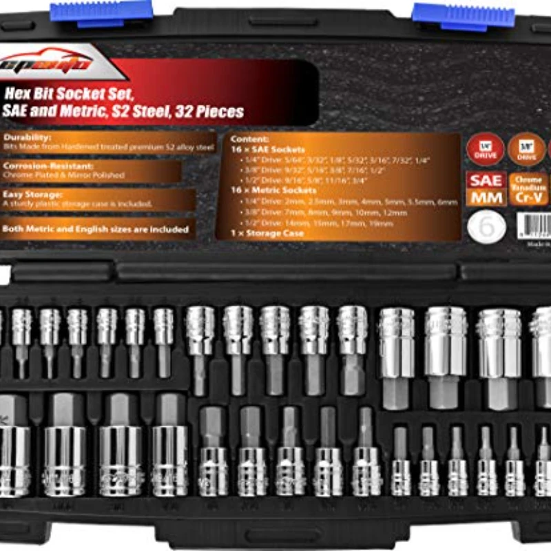 

32 PCs Hex Bit Socket Set, SAE and Metric, S2 & Cr-V Steel