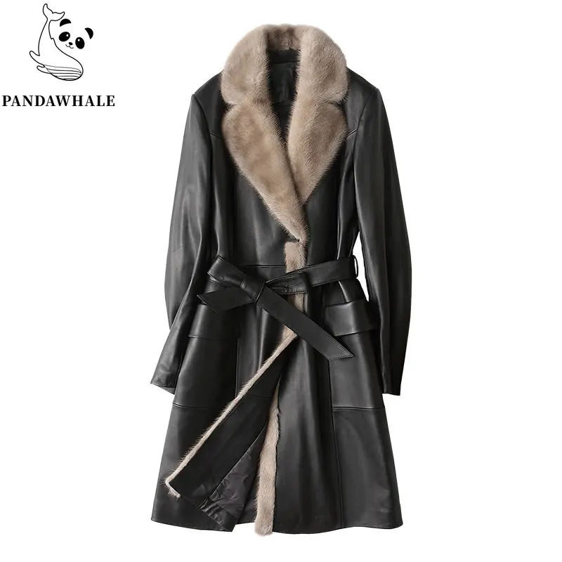 100% First Layer Sheepskin Coat Winter Long Mink Fur Collar Genuine Leather Jacket Women 2022 New Down Parkas Belt Slim Overcoat