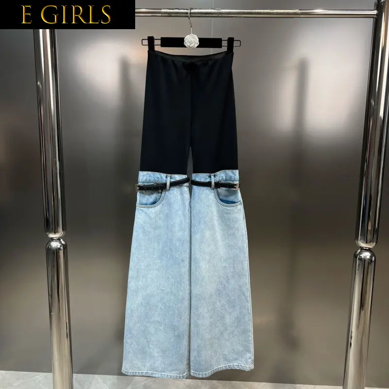 

E GIRLS 2023 Spring New Arrival Elastic Waist Denim Patchwork Belt Fake Two Piece Long Pants Women Jeans GH247