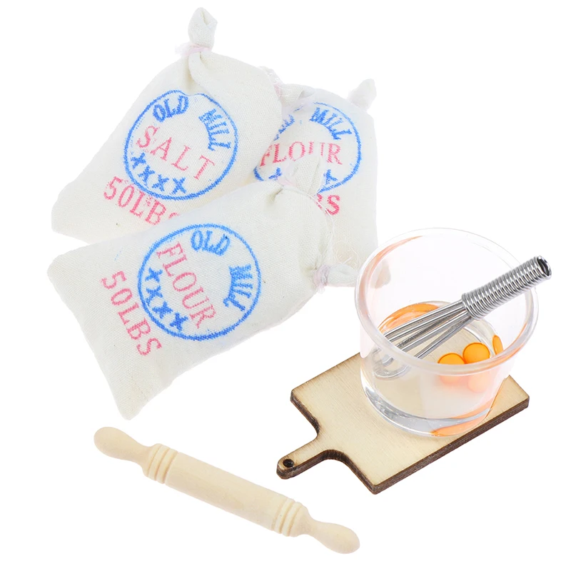 

4pcs 1/12 Dollhouse Miniature Flour Salt Bag Whisk Rolling Pin for Barbies OB11 Doll House Kitchen Accessories Toys