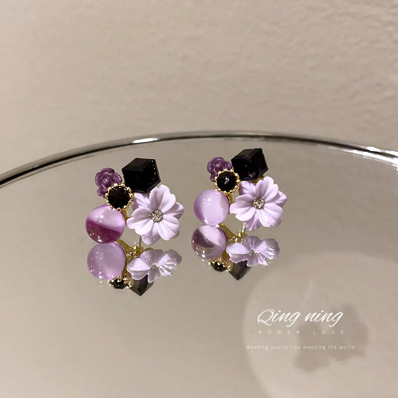 

925 Silver Needle, Diamond Opal Crystal Flower Earrings, Sweet Retro Design, Female