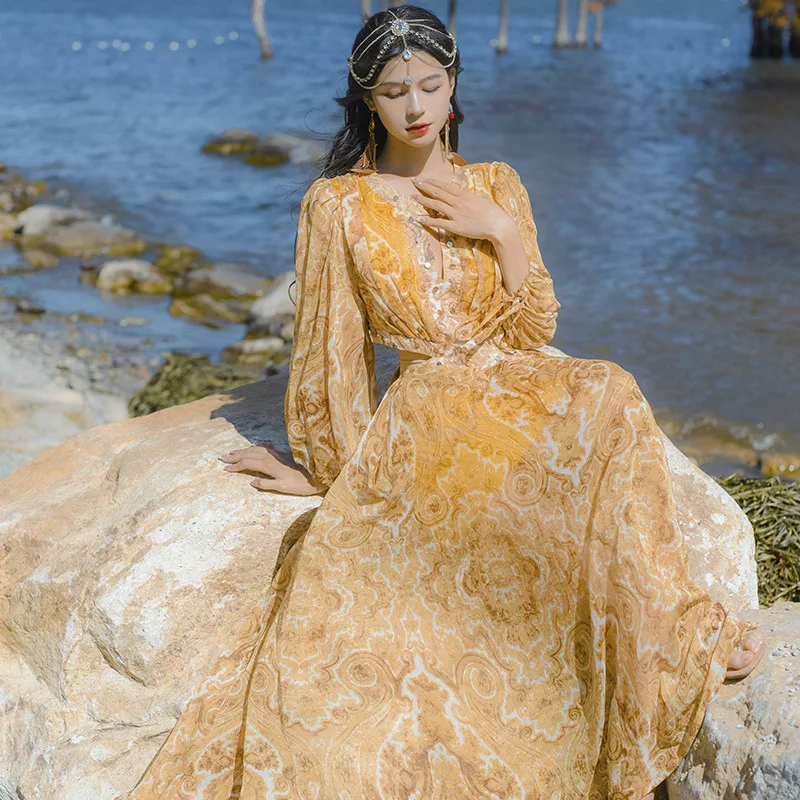 

2022 New Summer Dress Boho Yellow Sunscreen Long Sleeve Beach Seaside Resort Dress