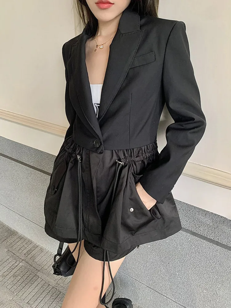 

[EWQ] Autumn 2023 Long Sleeve Outerwear Waist Closing Design Short Women Coat Office Trend Ladies Black Dress Drawstring Jacket