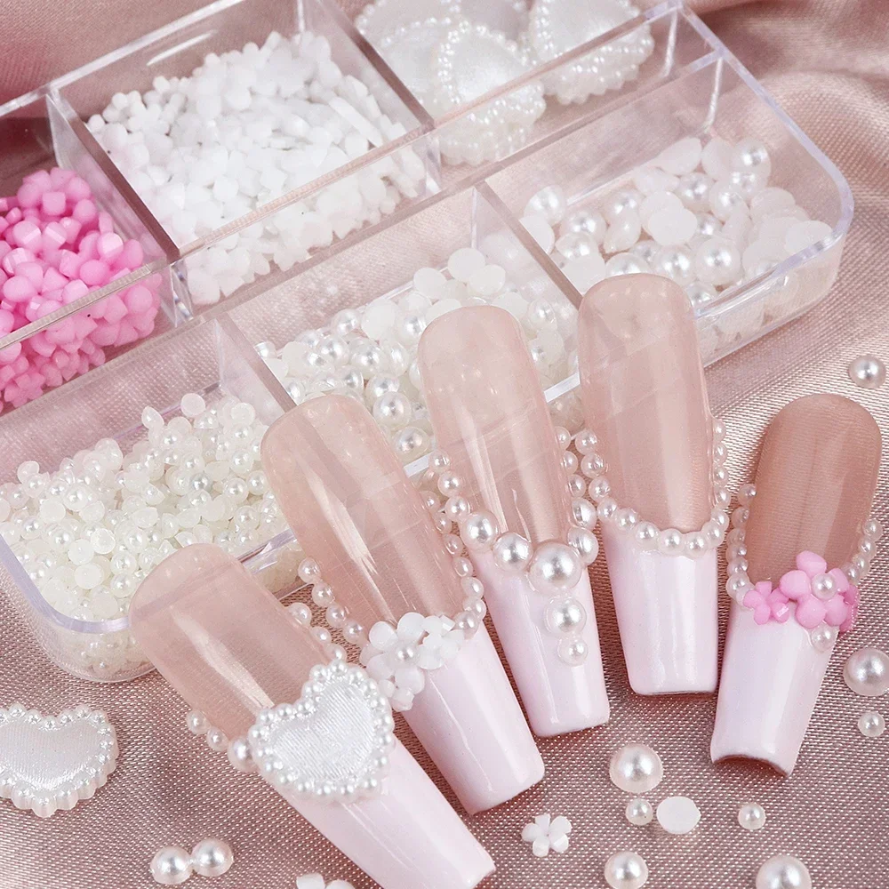 6 ячеек/коробка милые искусственные ногти из смолы смешанные жемчужины сердце