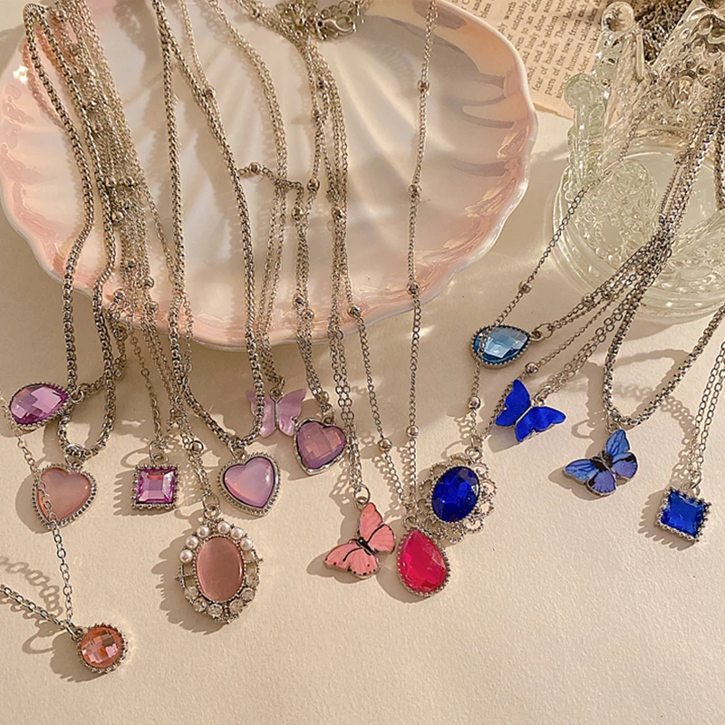 17KM 5Pcs Crystal Butterfly Necklaces Set Heart Animal Silver Color Chain Chokers Geometric Irregular Trendy Jewerly for Women - купить по