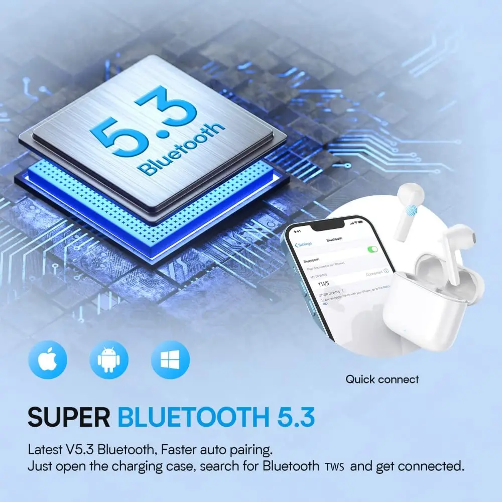 Bluetooth 5,3 HiFi стерео Автоматическое Сопряжение наушники с 36 часов воспроизведения, IPX7 Водонепроницаемая настоящая беспроводная гарнитура с микрофоном