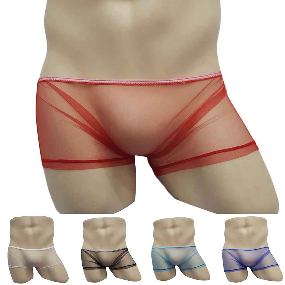 

Men Sexy See Through Tulle Low Rise Boxer Briefs Underwear Ultra-thin Breathable Full Transparent Underpants See Through Pants