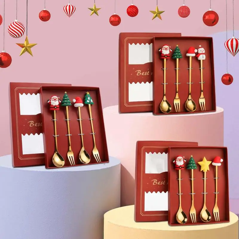 

Christmas Spoon Fork Set 4Pcs Christmas Stainless Steel Coffee Spoons Forks With Gift Box Creative Christmas Tree Santa Spoons