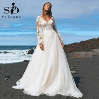 sodigne long sleeves boho wedding dresses for women 2022 tulle v neck beach bridal gown lace appliques illusion summer