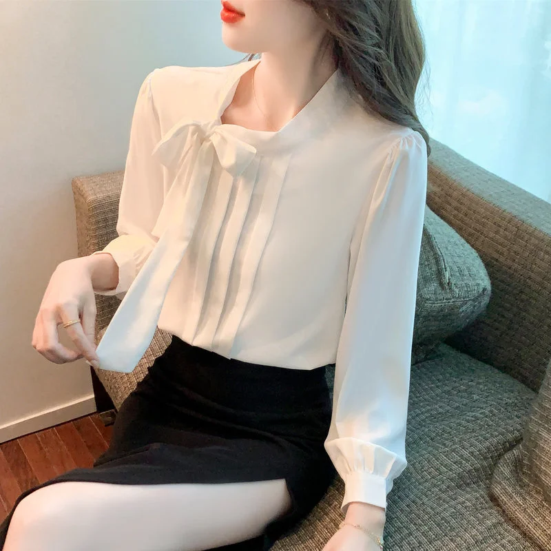 

Шифоновая Свободная Женская блузка, новинка, Модный повседневный Топ с длинным рукавом, однотонная летняя блузка с бантом