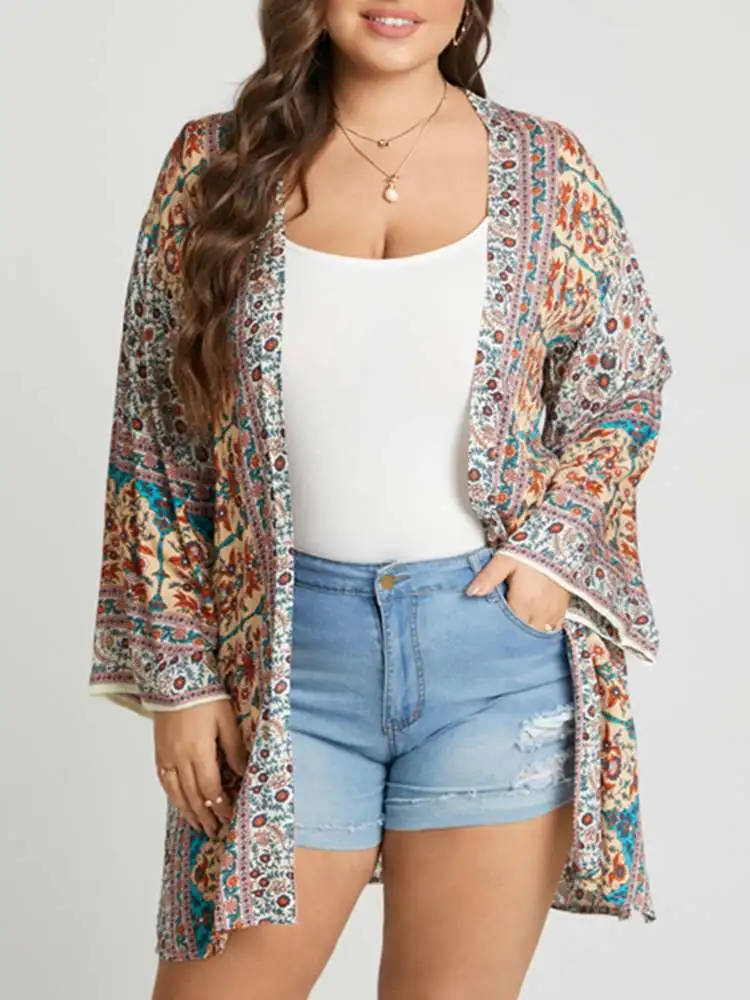 Женская летняя блузка ZANZEA с длинным рукавом и открытым спереди кимоно богемный