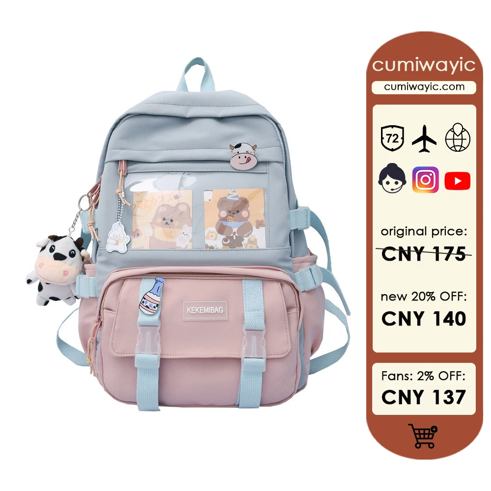 

Contrast Color Bookbags Cute Multi Pockets Buckle Laptop Backpack Junior High School Student School Bag Preppy Style Fashion