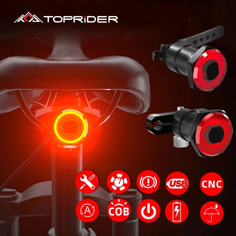 

TOPRIDER Bike Rear Light IPx6 Waterproof LED Charging Bicycle Smart Auto Brake Sensing Light Accessories Bike Taillight Light