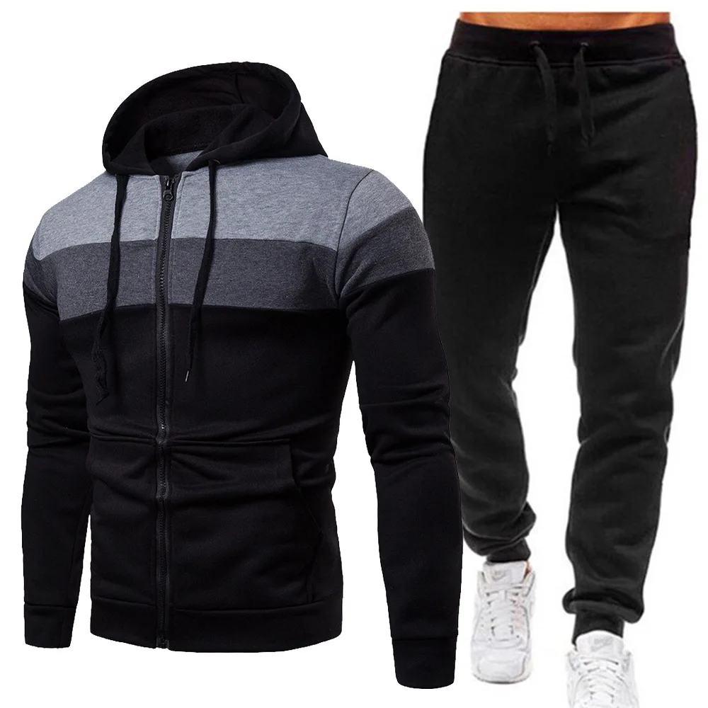 Autumn Winter Tracksuit Men Zipper Patchwork Hoodie Sweatshirt Sweatpant 2-piece Set Plush Leisure Sport Suit Outdoor Fashion