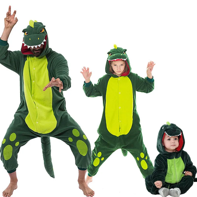 Family Kigurumi Pajamas Green Dinosaur Animal Onesie Cosplay Costume Pajamas For Kids and Adults With Slippers