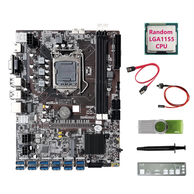 

B75 ETH Mining Motherboard 12USB3.0+Random CPU+64G USB Driver+SATA Cable+Switch Cable+Thermal Grease+Baffle For BTC