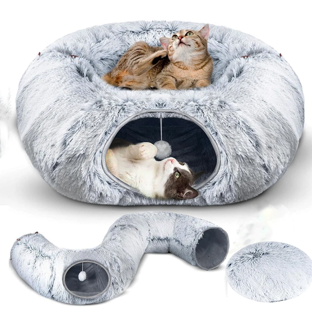 

Круглая кошачья кровать, туннель, игрушки для кошек, складная плюшевая кошачья будка, забавная мягкая пересекающая туннель, кровать для котят, зимняя теплая кошачья подушка, дом