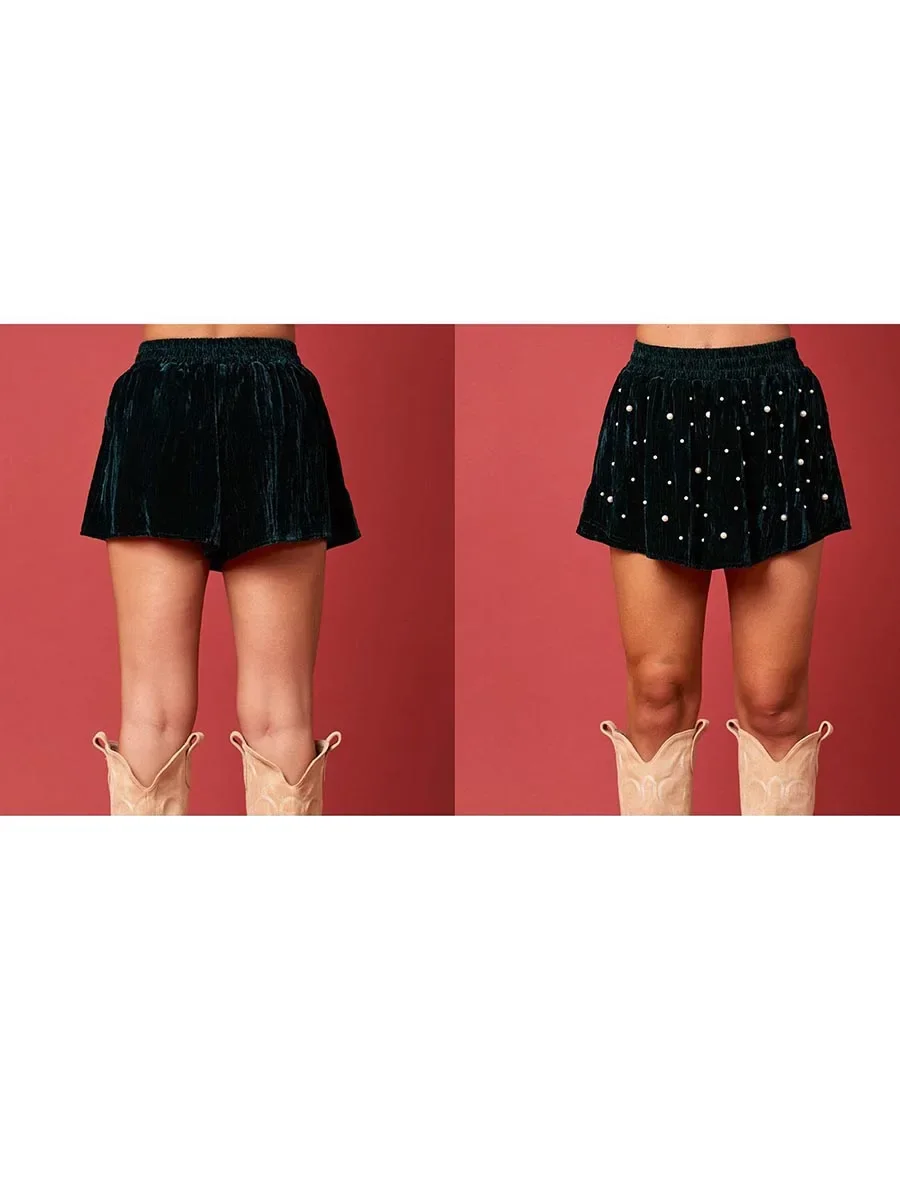 2024 Winter Women’s Velvet Skirts Skorts Fashion Female Elastic High Waist Pearl Studded Skirt Shorts Christmas Party