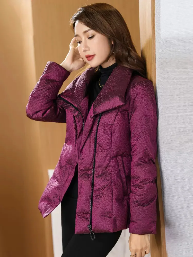 New Women Winter Down Jacket Casual Fashion Stand Collar Lightweight Warm Short White Duck Down Coat Purple Slim Outerwear