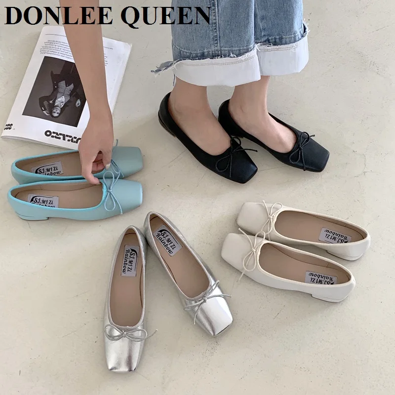

Female Flats Shoes Women Classics Casual Loafers Fashion Square Toe Low Heels Design Bow Knot 2022 Spring Ballerina Sliver Mujer