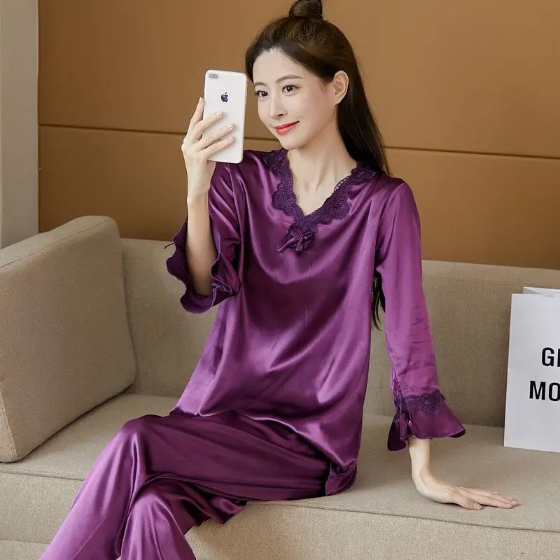 

Women Shorts Ladies Loungewear Set Summer Satin Pajamas Thin Three-quarter Sleeve Home Suit for Mom Peignoir for Women