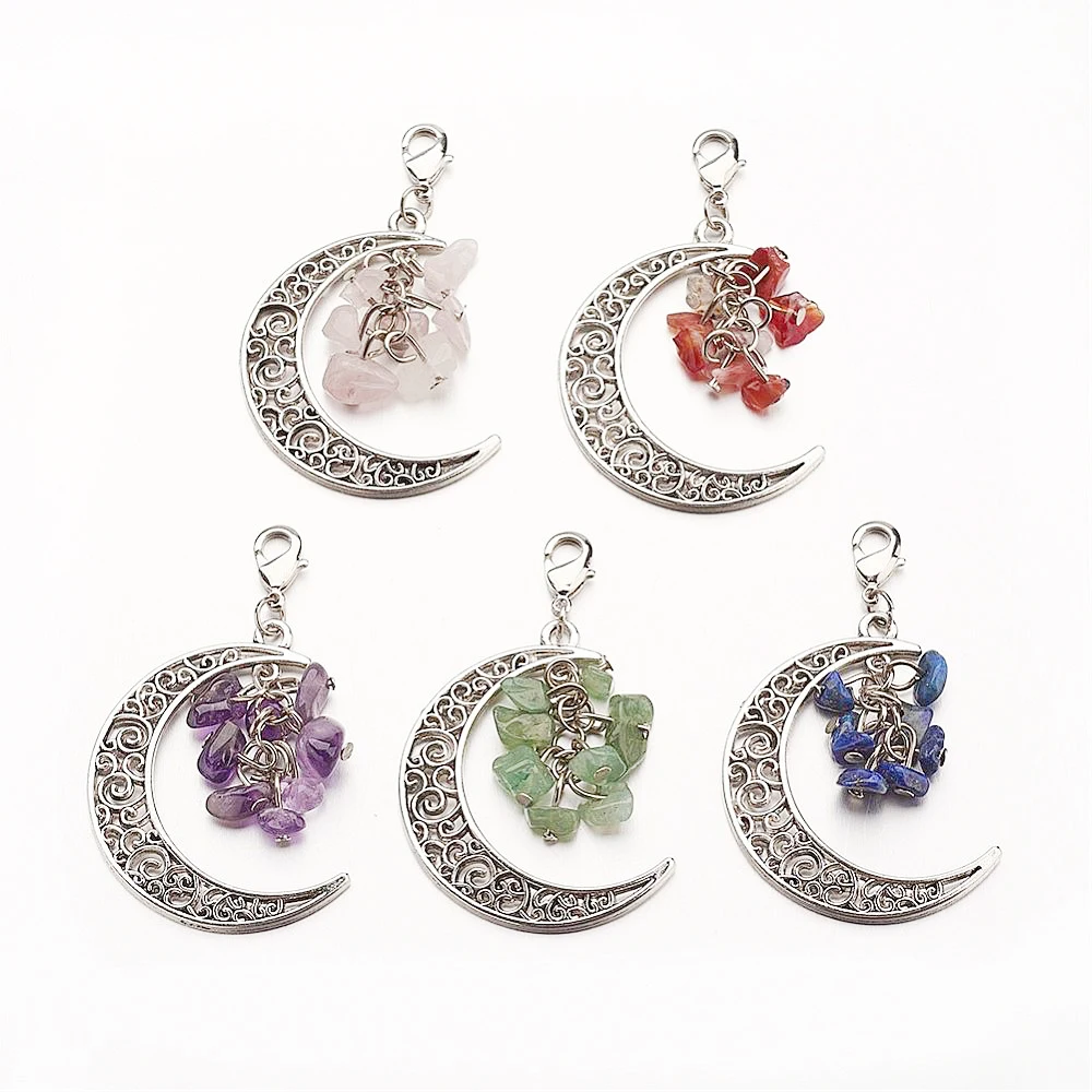 

30pcs/Lot Natural Gemstone Big Pendants with Alloy Pendants and Brass Lobster Claw Clasps Mixed Metal Color Moon Mixed Color