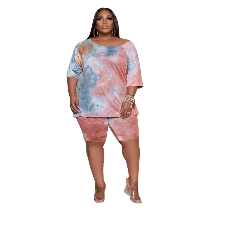 Plus Size Two Piece Set Women Wholesale Shorts Sets Tie Dye Casual Tshirt Crop Top and Short Pants Summer Tra 3xl 4xl 5xl 6xl