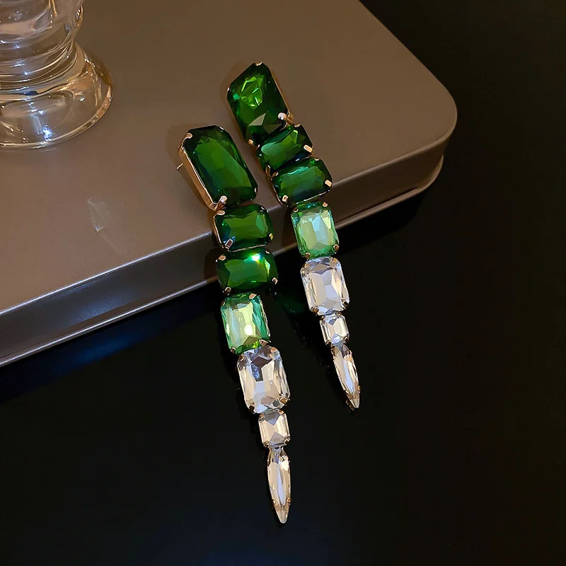 

FYUAN Square Green Crystal Earrings Oversize Long Geometric Dangle Earrings for Women Fashion Jewelry Gifts