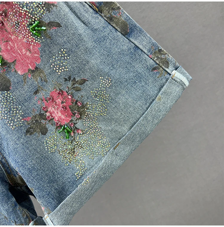 High Waisted Shorts Fashion Printed Denim Shorts for Women 2023 Summer New High Waist Loose Rhinestone Wide Leg Shorts Female