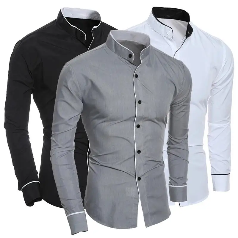 

Мужская однобортная деловая рубашка, Повседневная облегающая Однотонная рубашка с длинным рукавом и воротником-стойкой, размеры до 3Xl, весна-осень 2023