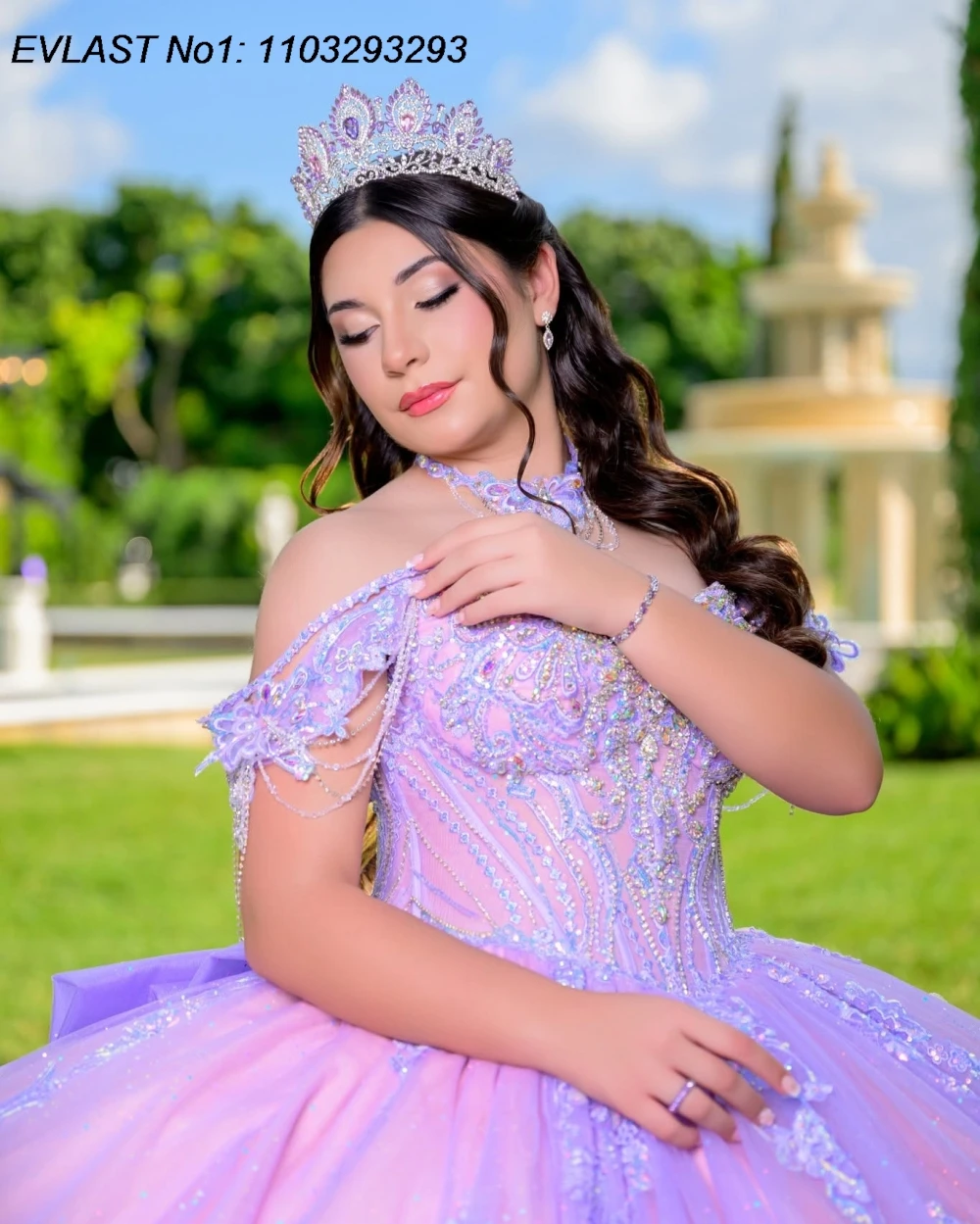 Фото Индивидуальное блестящее сиреневое бальное платье EVLAST для Quinceanera с кружевными аппликациями, бисером, бантом и корсетом, для Sweet 16, Vestidos De 15 Anos AQ249 №4