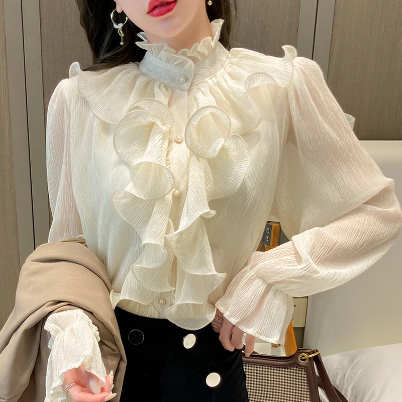 

Корейская шифоновая блузка с оборками на весну элегантная рубашка с длинными расклешенными рукавами Модная рубашка с оборками на воротнике на пуговицах повседневные свободные топы 12946