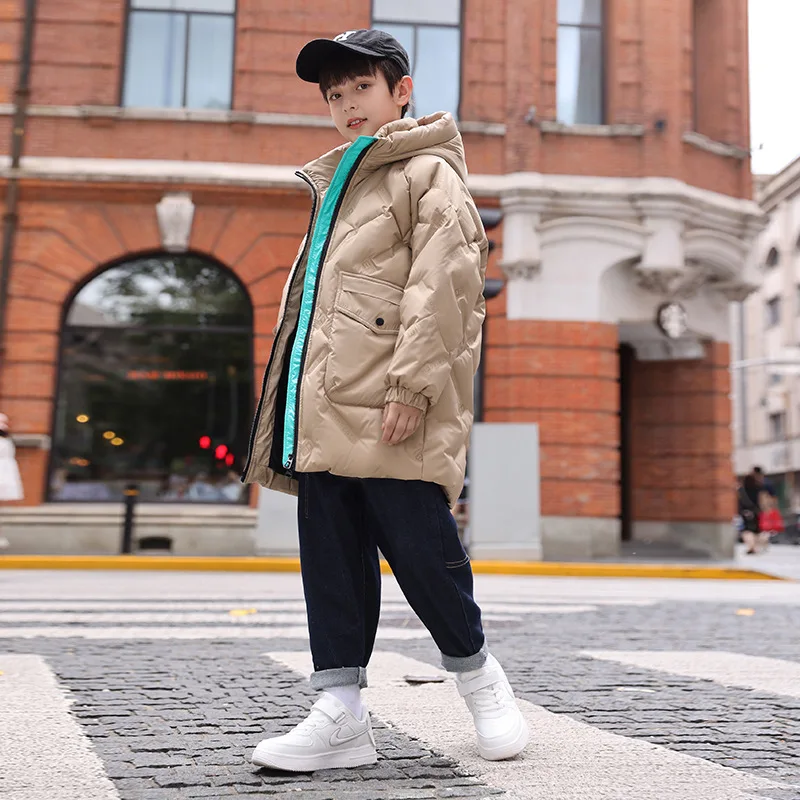 2022 Winter Boys hooded windproof duck down coat Teenagers' casual long warm thick coat Medium and large children's down jacket