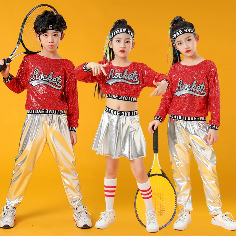 

2022 NEW Red Kids Children Sequin Hip Hop Dance Costume Sparkly Stage Jazz Dance Costumes Suit Girls Crop Top and Pants