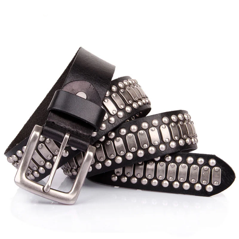 Cowhide Hip-Hop Personality Men's Rivet 100% Genuine Leather Pin Buckle Belt