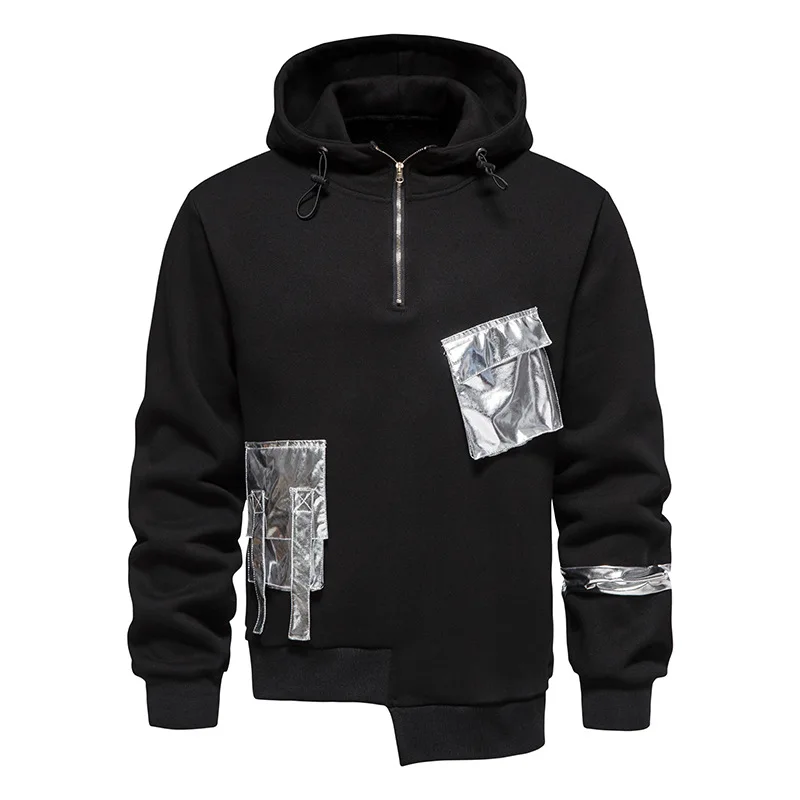 

Black Silver Metallic Patchwork Gothic Hoodie Men 2022 Brand Zipper Hoodies Sweatshirts Hip Hop Streetwear Casual Hooed Pullover
